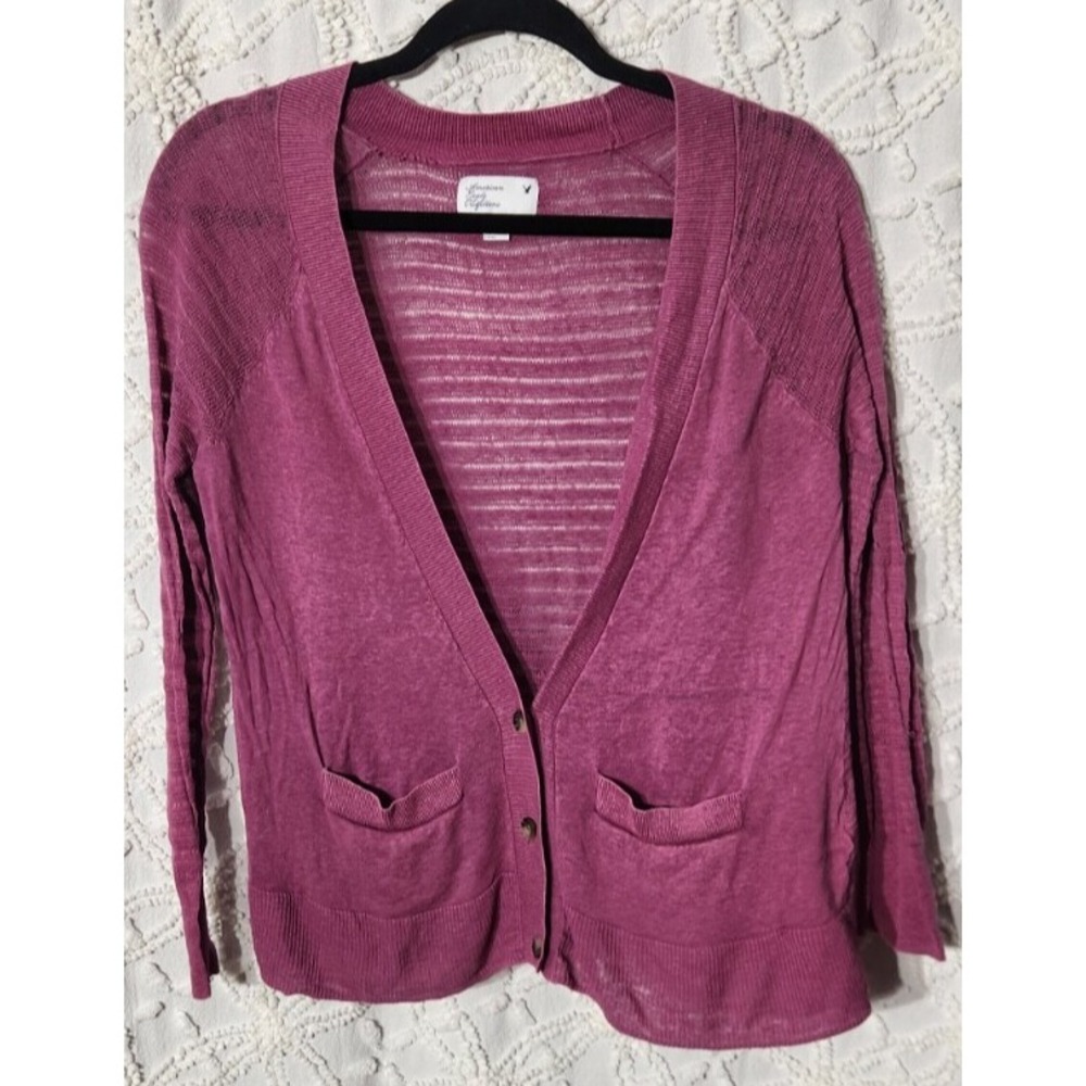 American Eagle Womens Linen Knit Cardigan Size‎ Small Pink Preppy Feminine Sheer